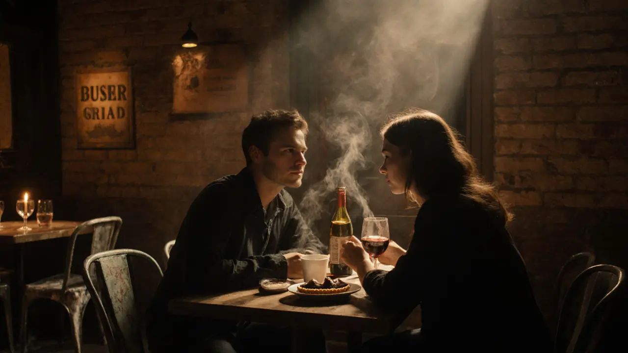 A couple shares dessert and wine in a warm, intimate bistro with candlelight and brick walls.