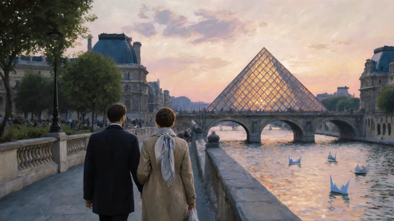 A couple walks peacefully along the Seine at sunset, passing hidden gardens and the Louvre’s glass pyramid.