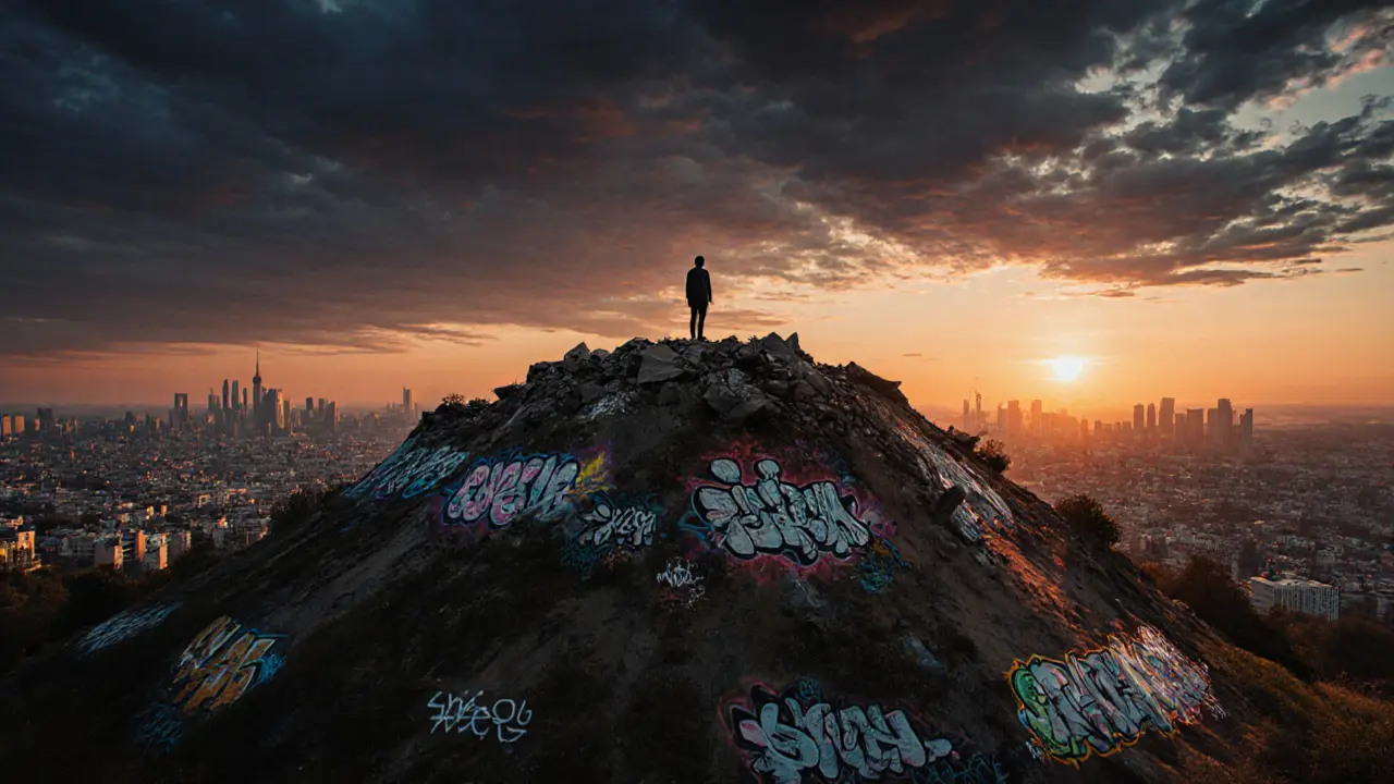 A graffiti-covered abandoned listening station on a hill overlooking Berlin at sunset, with a solitary figure atop.