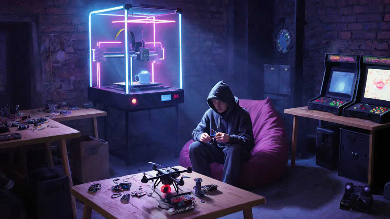 A hacker working on an Arduino at night in a warehouse hack space, with a 3D printer making a coffee-cup drone.
