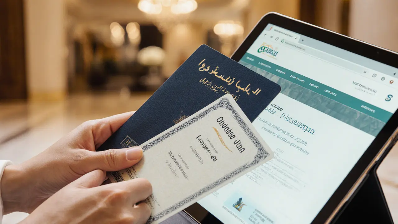 A hand holding a UAE residence visa and business license beside a concierge service website.