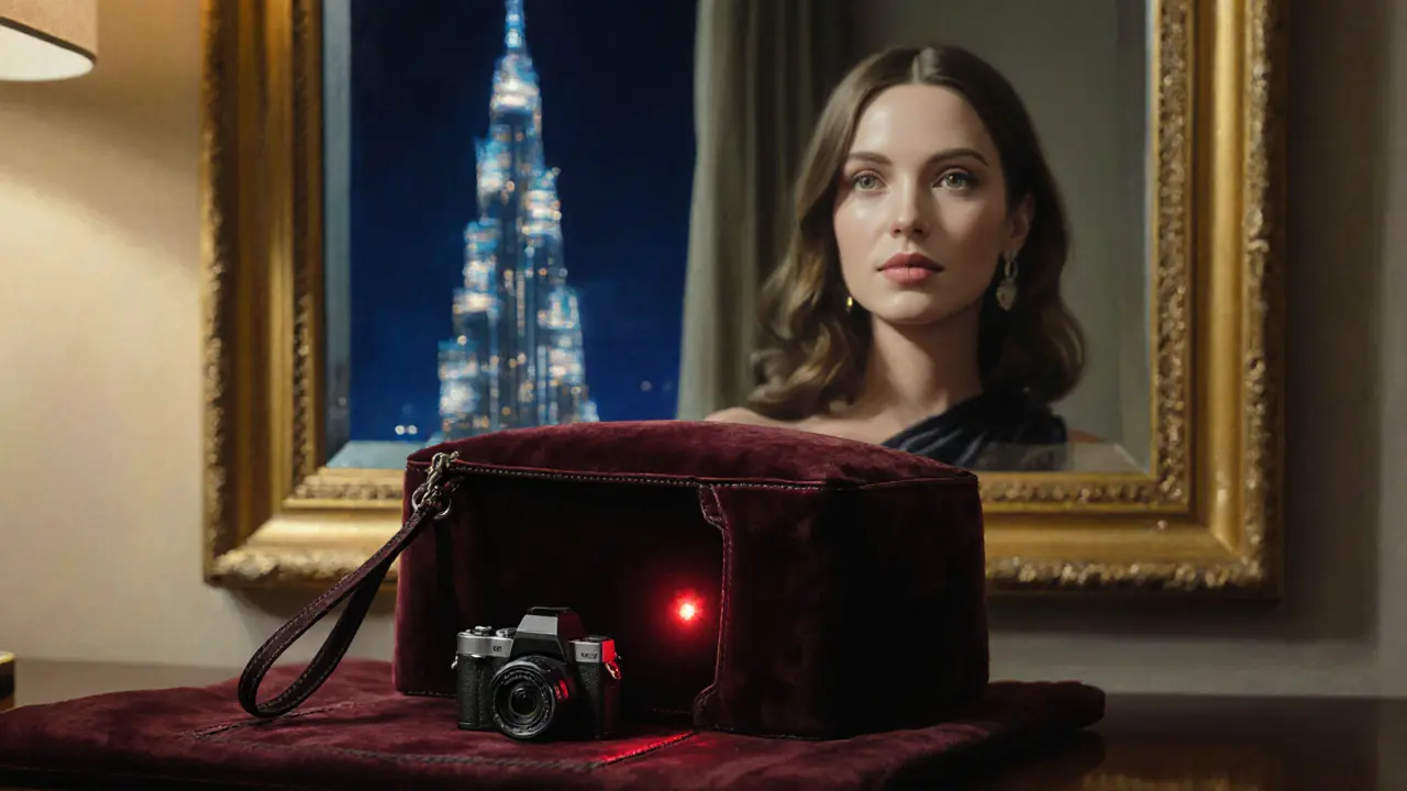A hidden camera glows faintly in a purse on a hotel dresser, reflecting a woman’s silent gaze in the mirror.