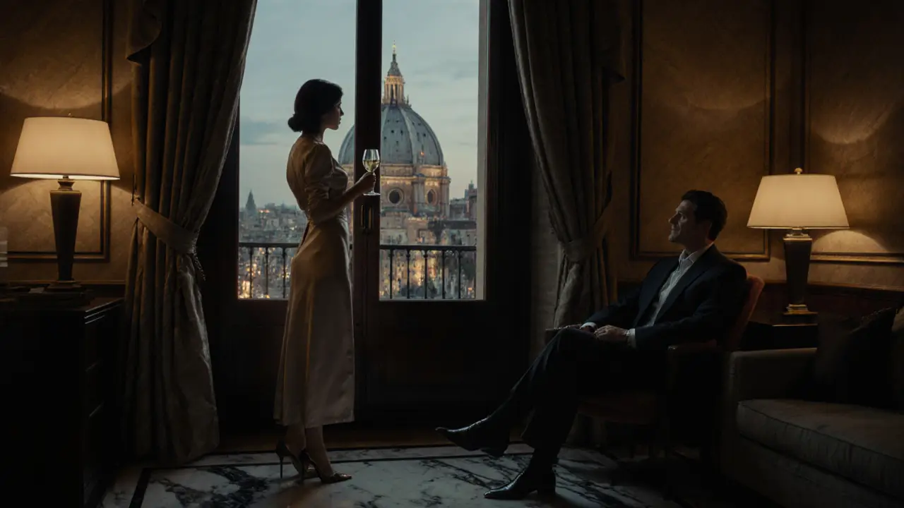 A luxurious Milan hotel suite at night, with a companion and client gazing at the Duomo&#039;s lights.