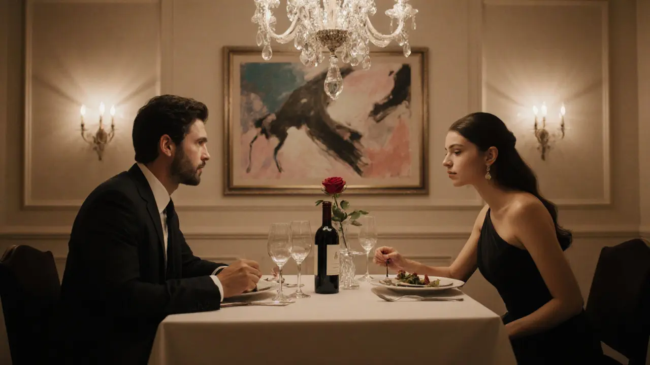 A man and woman share a quiet dinner at a fine restaurant, candlelight glinting off fine china and a bottle of wine.