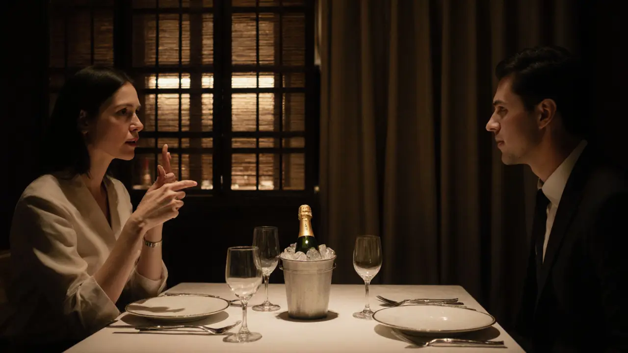 A man and woman share a quiet dinner at Nobu Portman Square, fine dining ambiance with champagne.