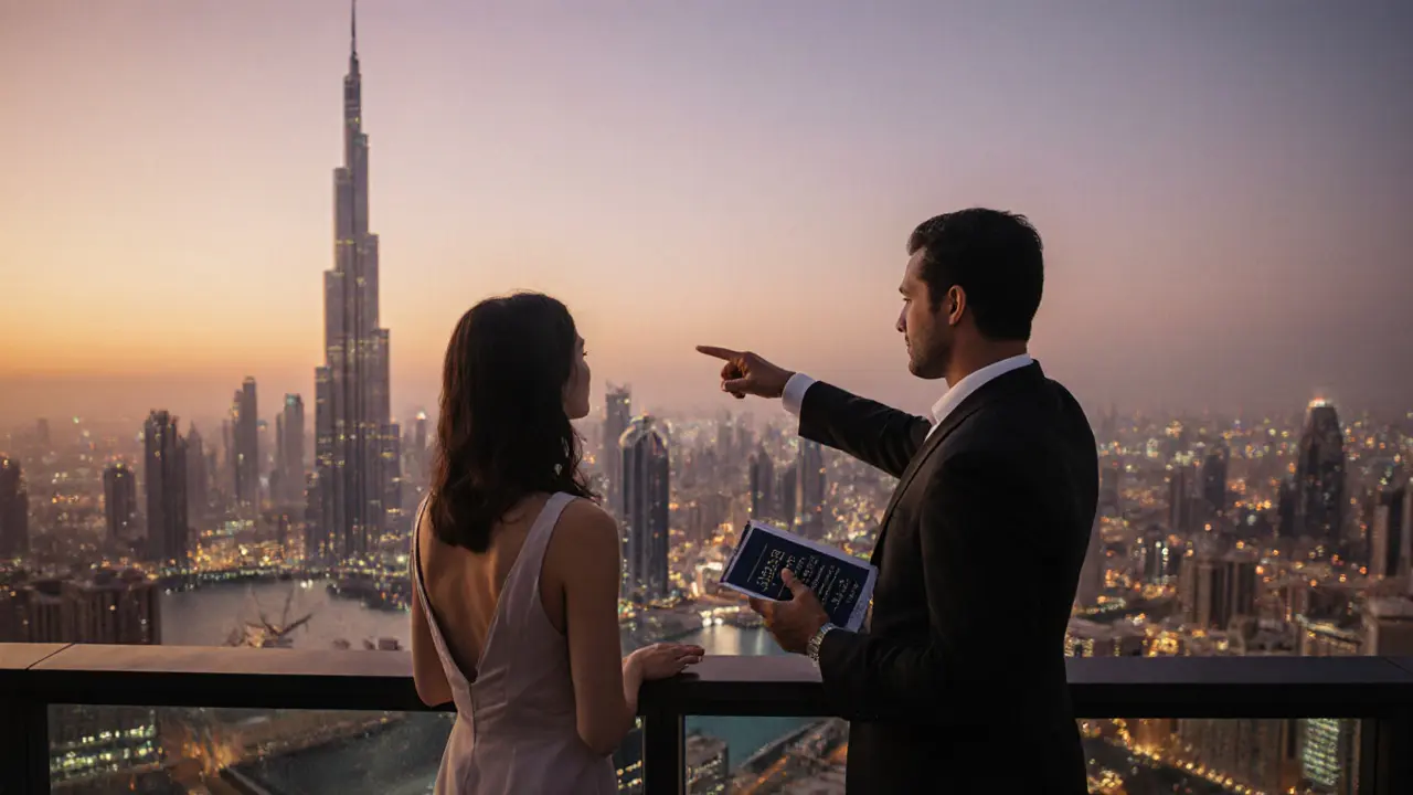 A man and woman stand together on a Dubai rooftop at sunset, gazing at the Burj Khalifa, sharing a moment of quiet connection.