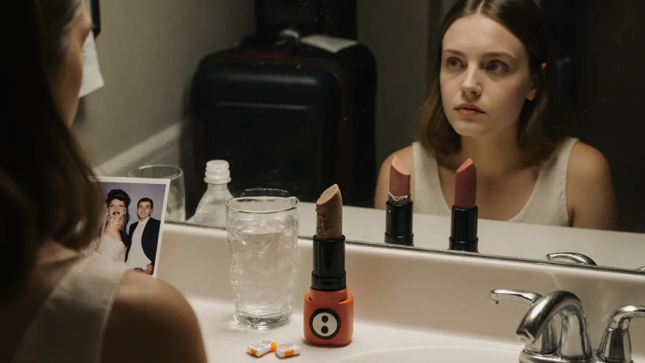 A panic button disguised as lipstick on a counter, reflection of a woman in the mirror, suitcase nearby.