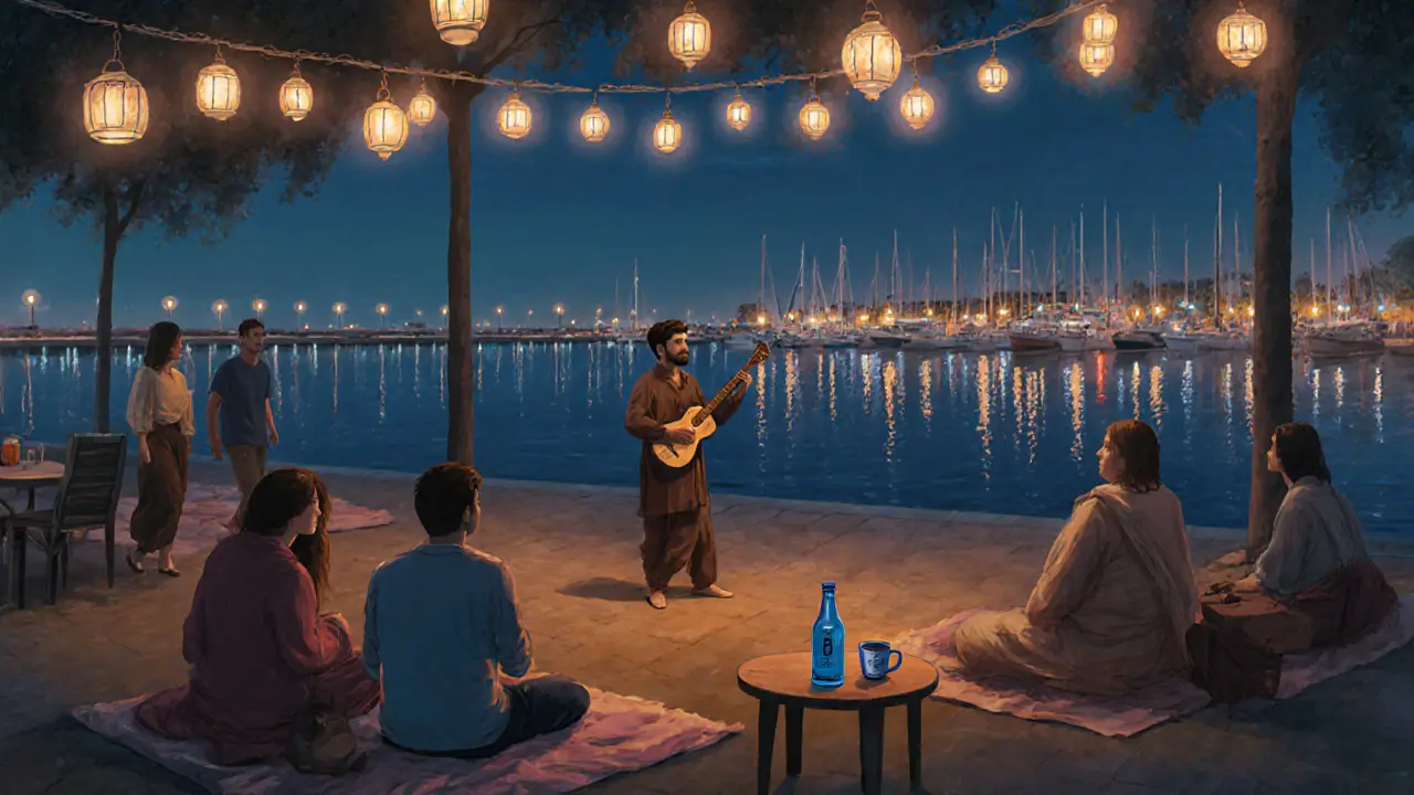 A peaceful Thursday night at Al Bateen Marina with string lights, live music, and people relaxing by the water.