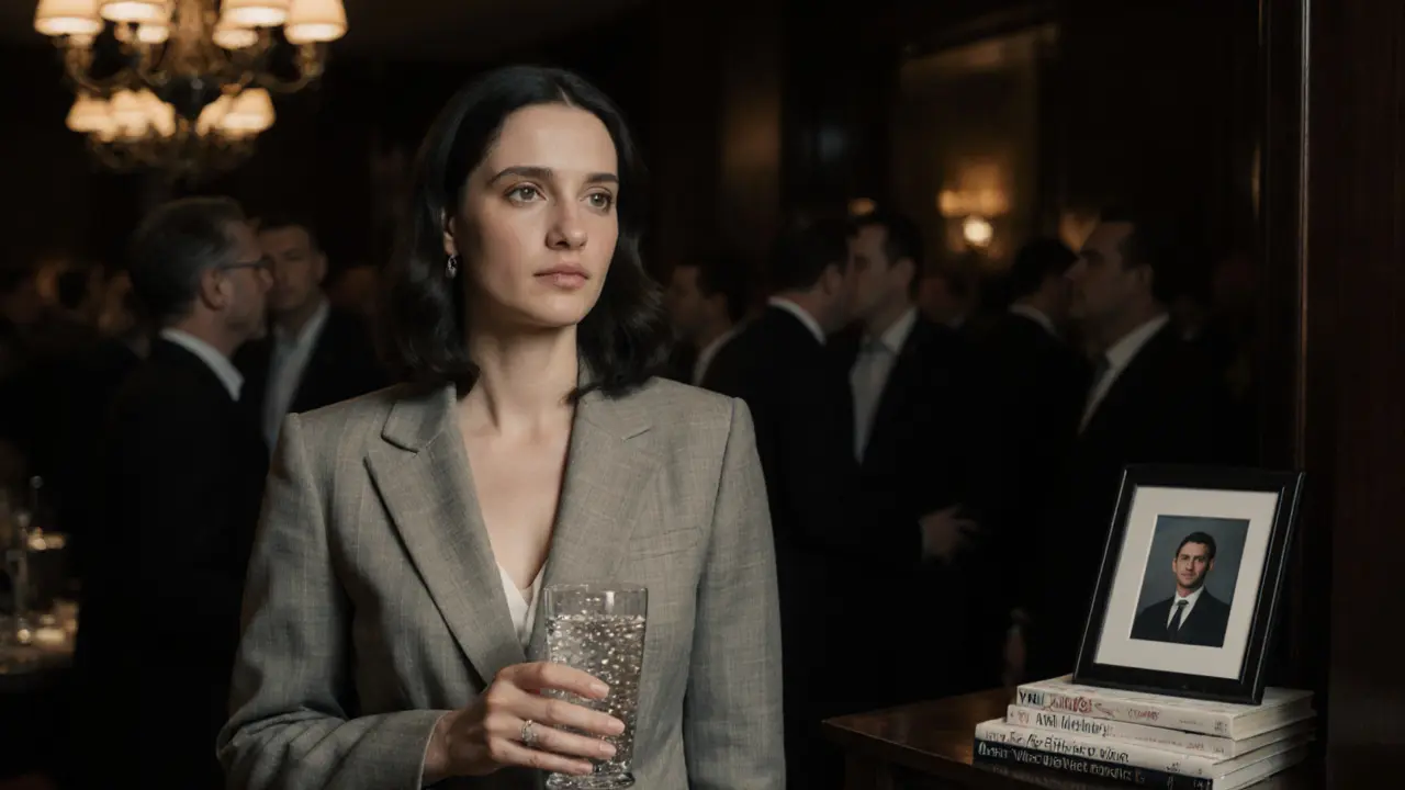 A poised woman in a tailored suit standing calmly in a luxury hotel bar, surrounded by subtle hints of her academic life.