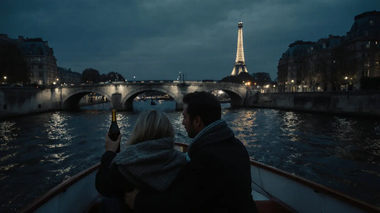 A private boat drifts under a Paris bridge at midnight, couple wrapped in a scarf under the glowing Eiffel Tower.