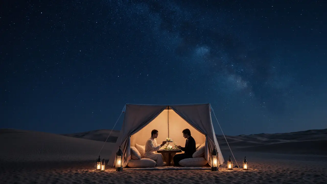 A private desert dinner under the stars with a host serving gourmet food to a guest.