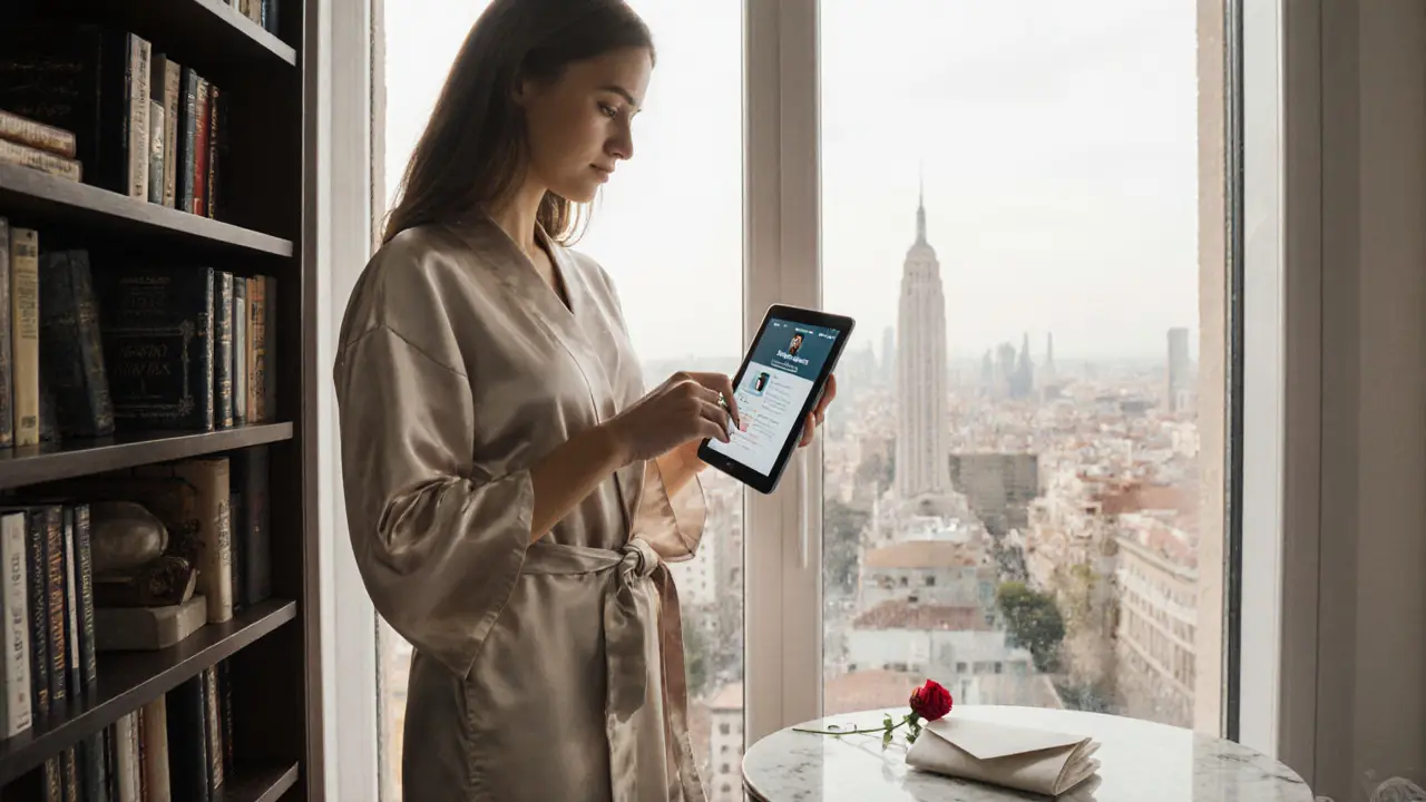 A professional woman in a silk robe beside a bookshelf, cash and a tablet on a marble table.