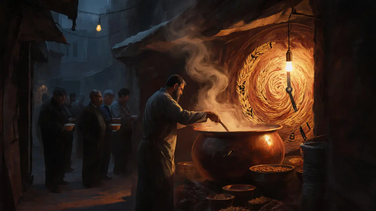 A quiet alley at 2 a.m. where a man stirs harees in a copper pot, with customers waiting in line.