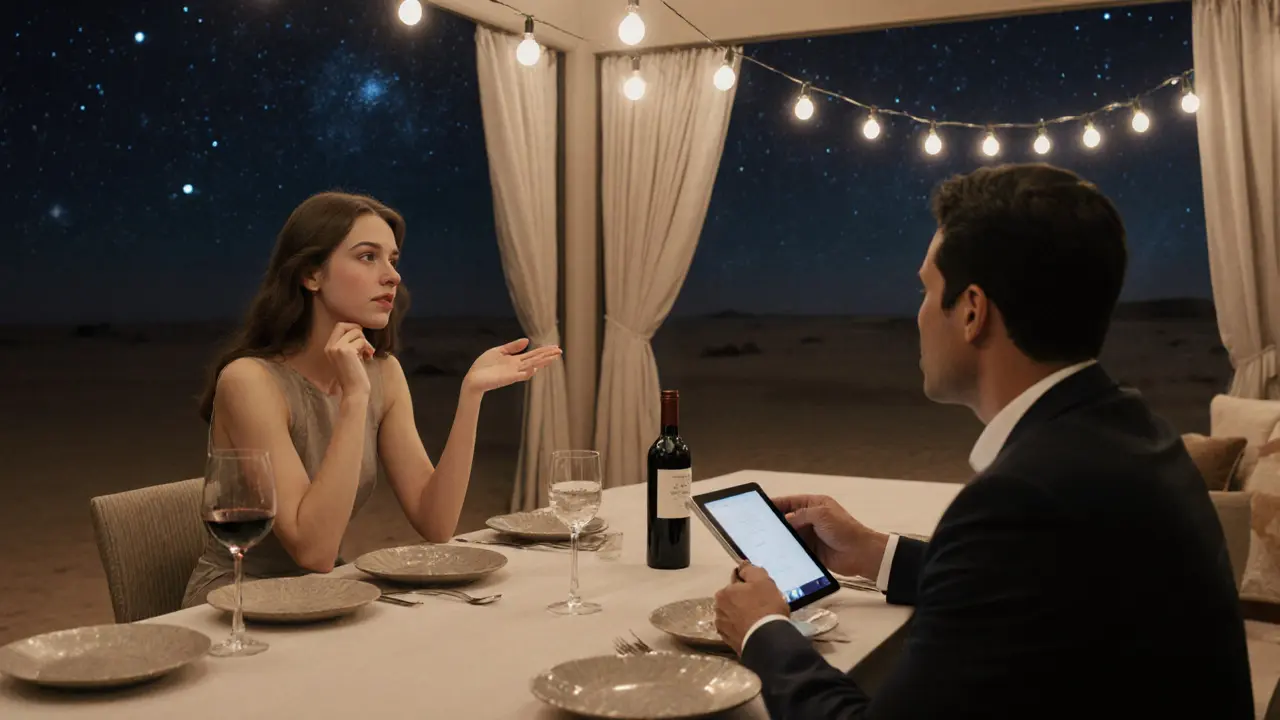 A refined dinner for two at a private villa on Yas Island, lit by soft lights with the desert and stars in the background.