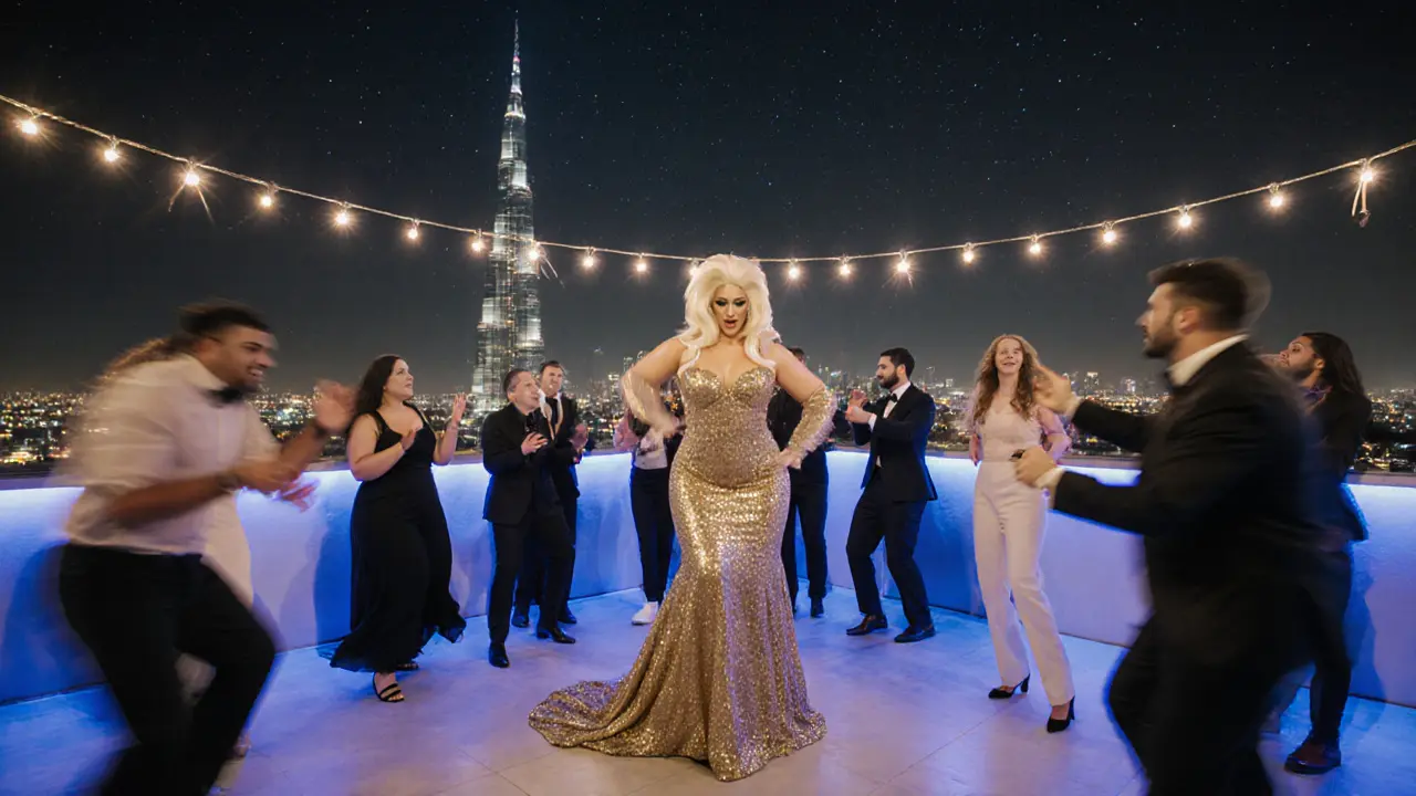 A rooftop drag performance at night in Dubai with string lights and the Burj Khalifa in the distance.
