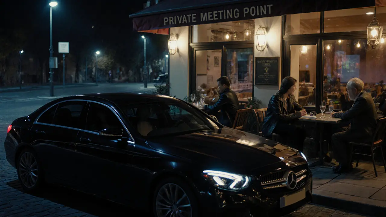 A safe meeting point at a Berlin café at night, with individuals waiting quietly in the dim light.