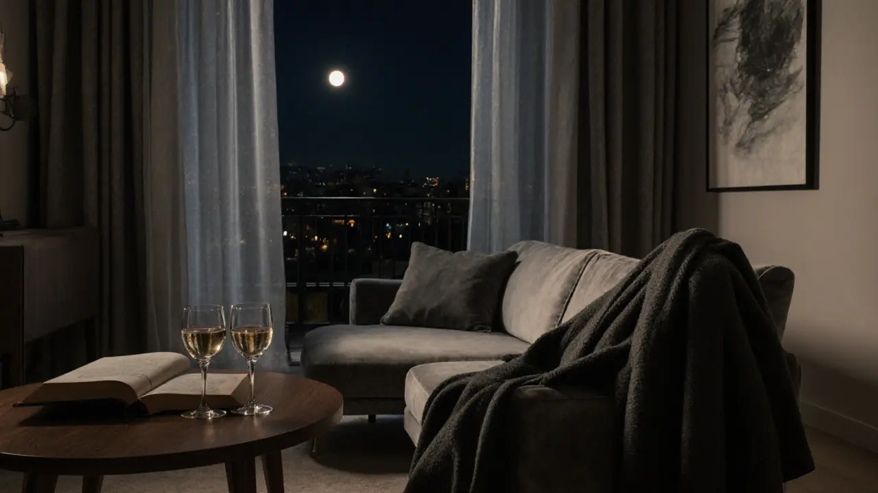 A serene private apartment in Milan with moonlight, wine glasses, and a draped coat suggesting a discreet evening.