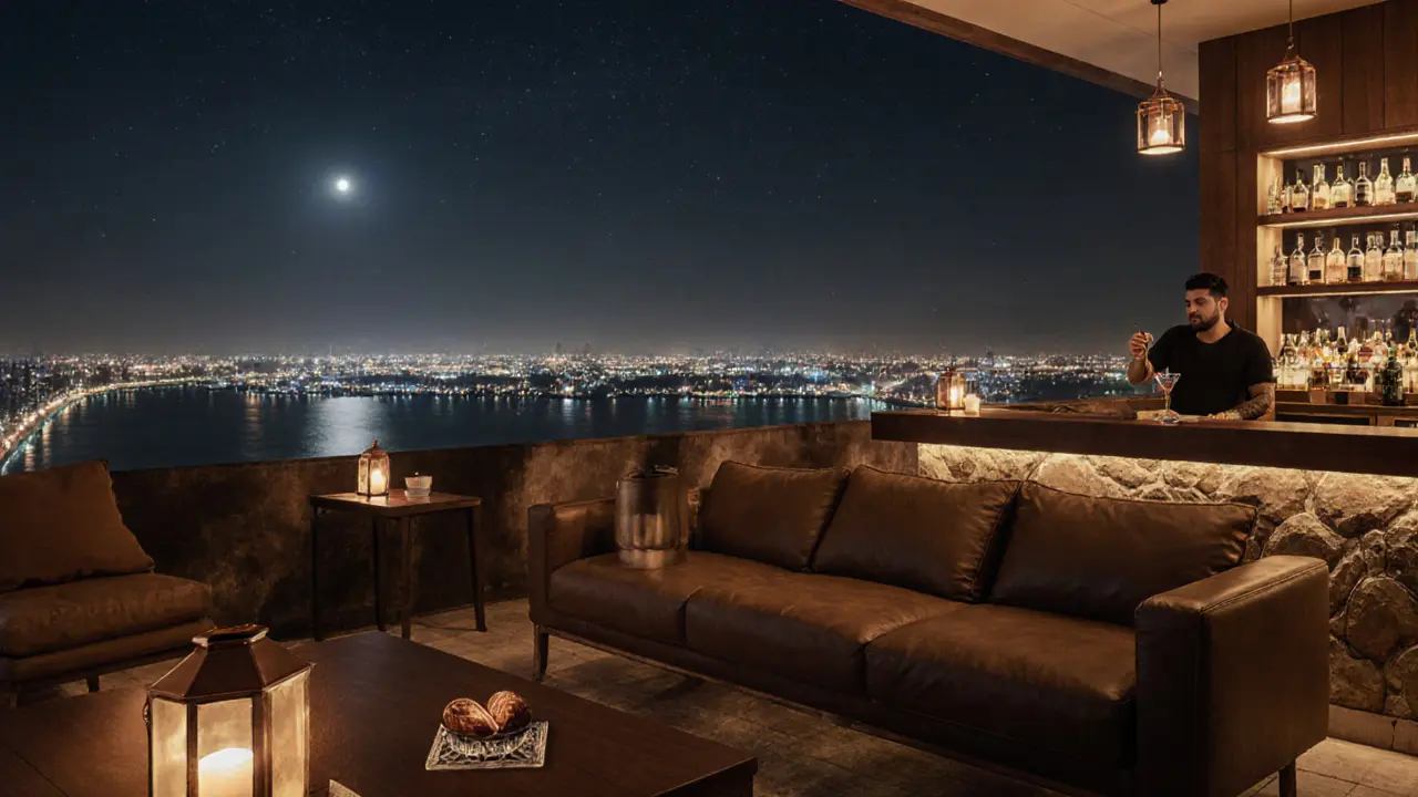 A serene rooftop lounge with copper lanterns and a starlit view of Abu Dhabi&#039;s Corniche.