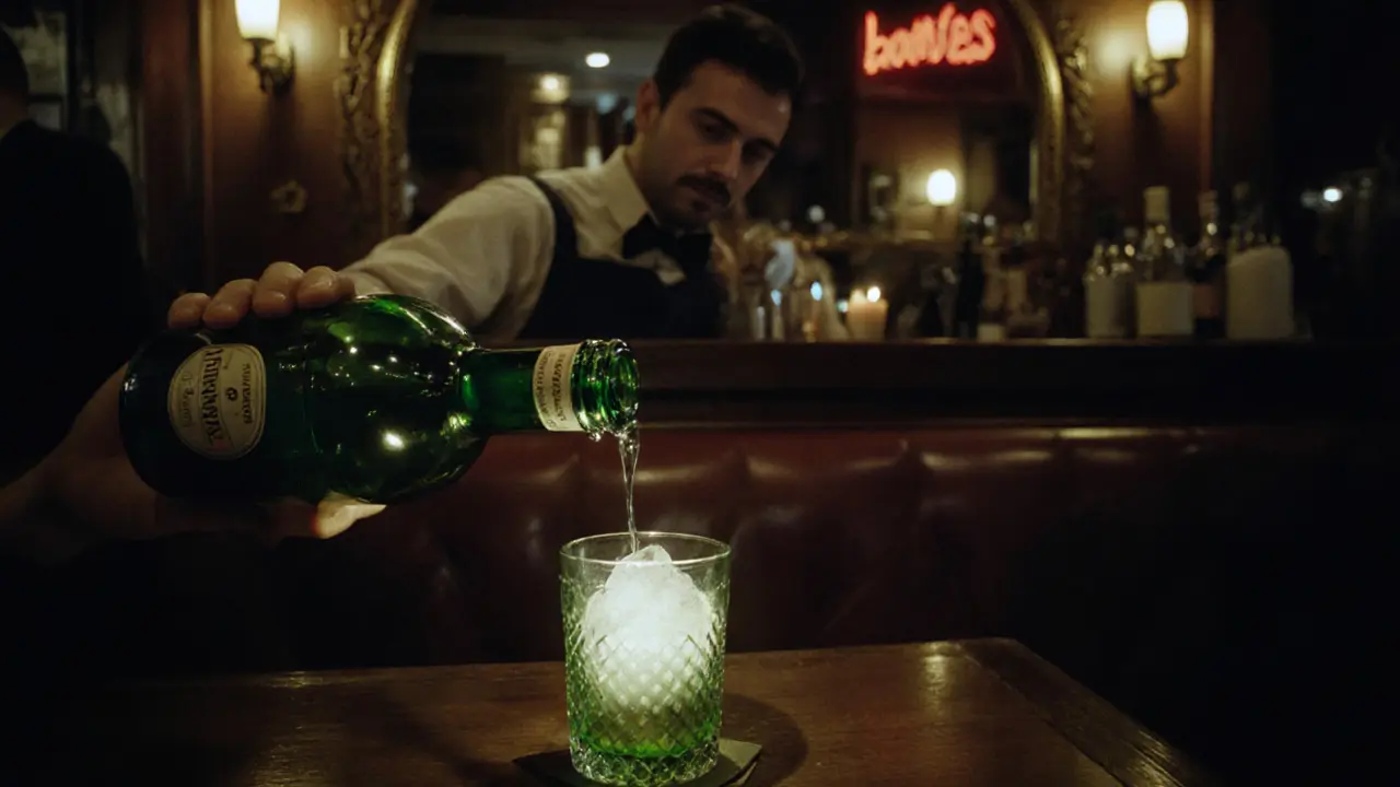 A solitary absinthe being prepared at Bar des Phares, candlelit and intimate.