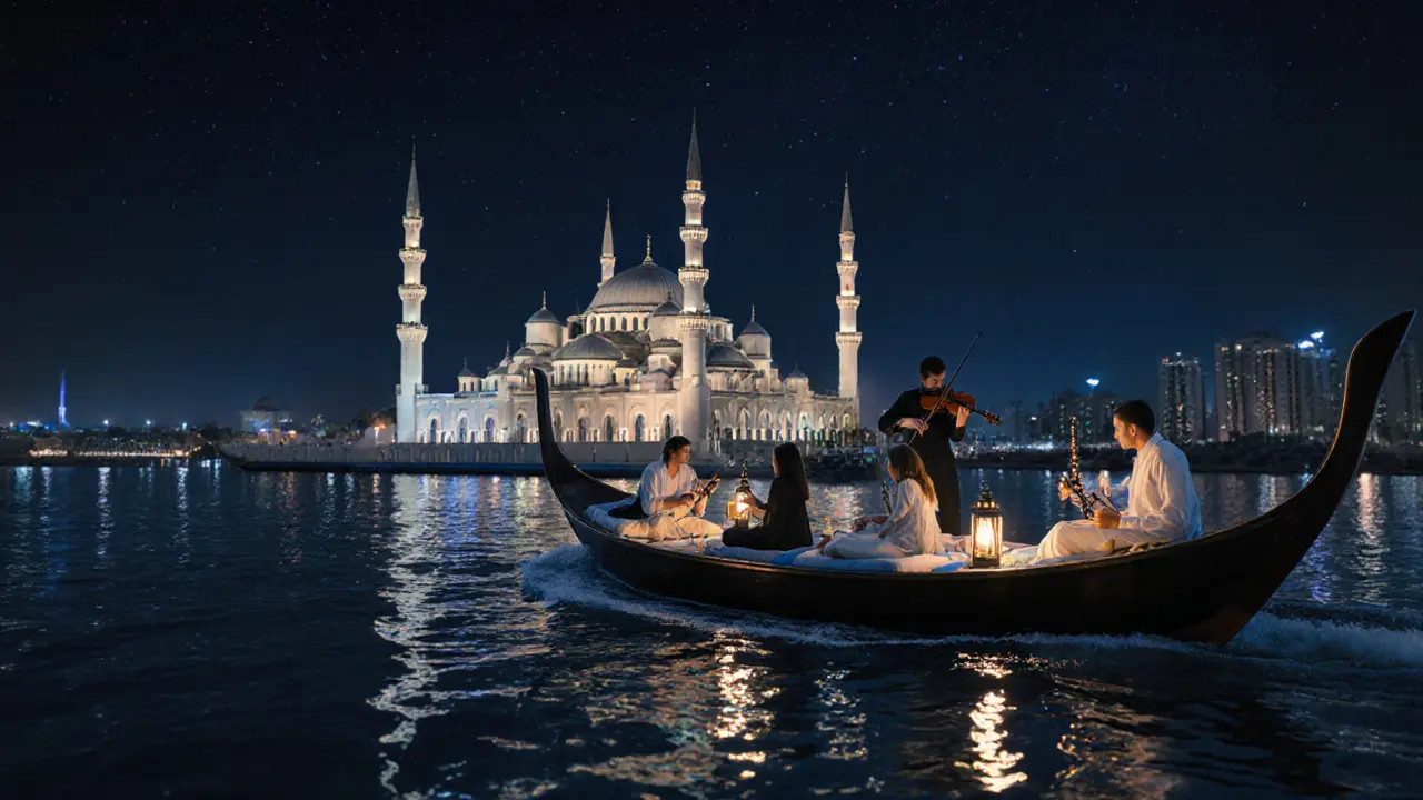 A traditional dhow cruise at night sailing past the lit-up Sheikh Zayed Grand Mosque with reflections on calm water.