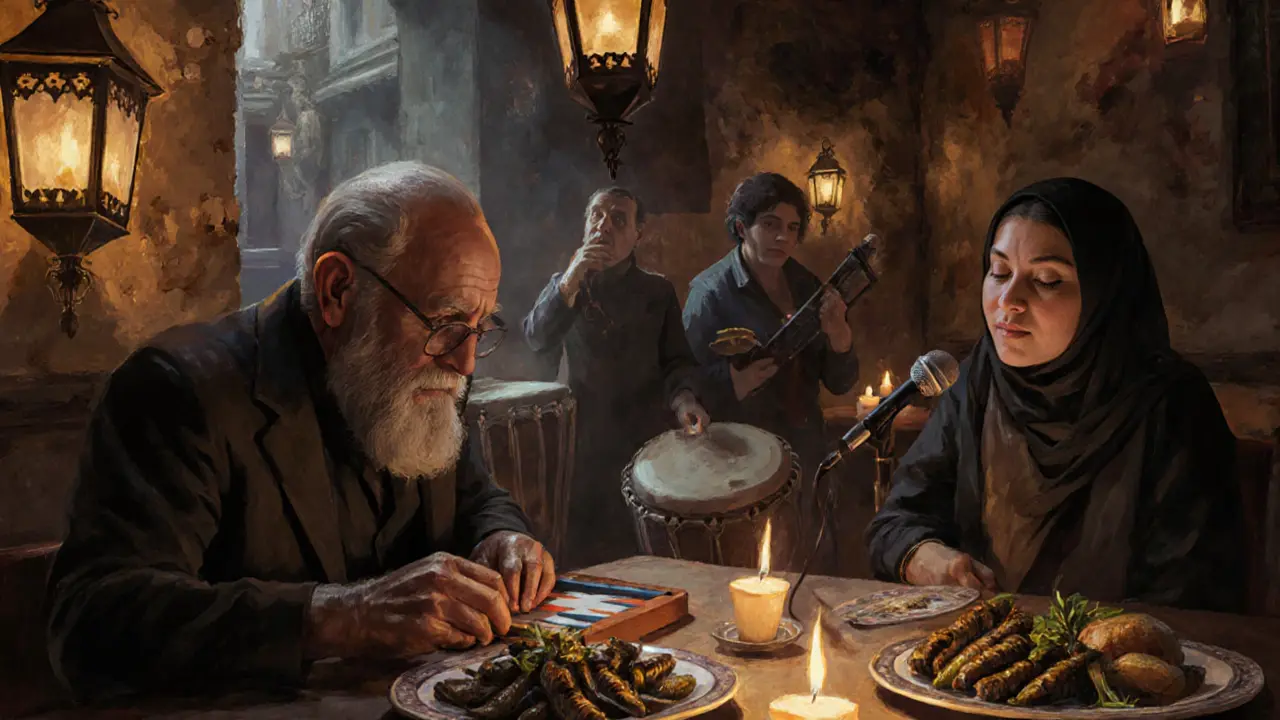 A traditional meyhane interior with music, backgammon, and shared meze plates under soft lamplight.