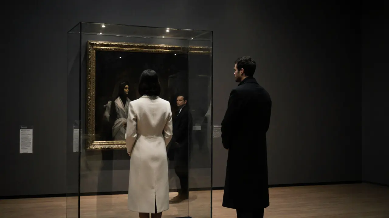 A woman and man stand silently before a painting in a museum, reflections in glass, soft gallery lighting highlighting their stillness.