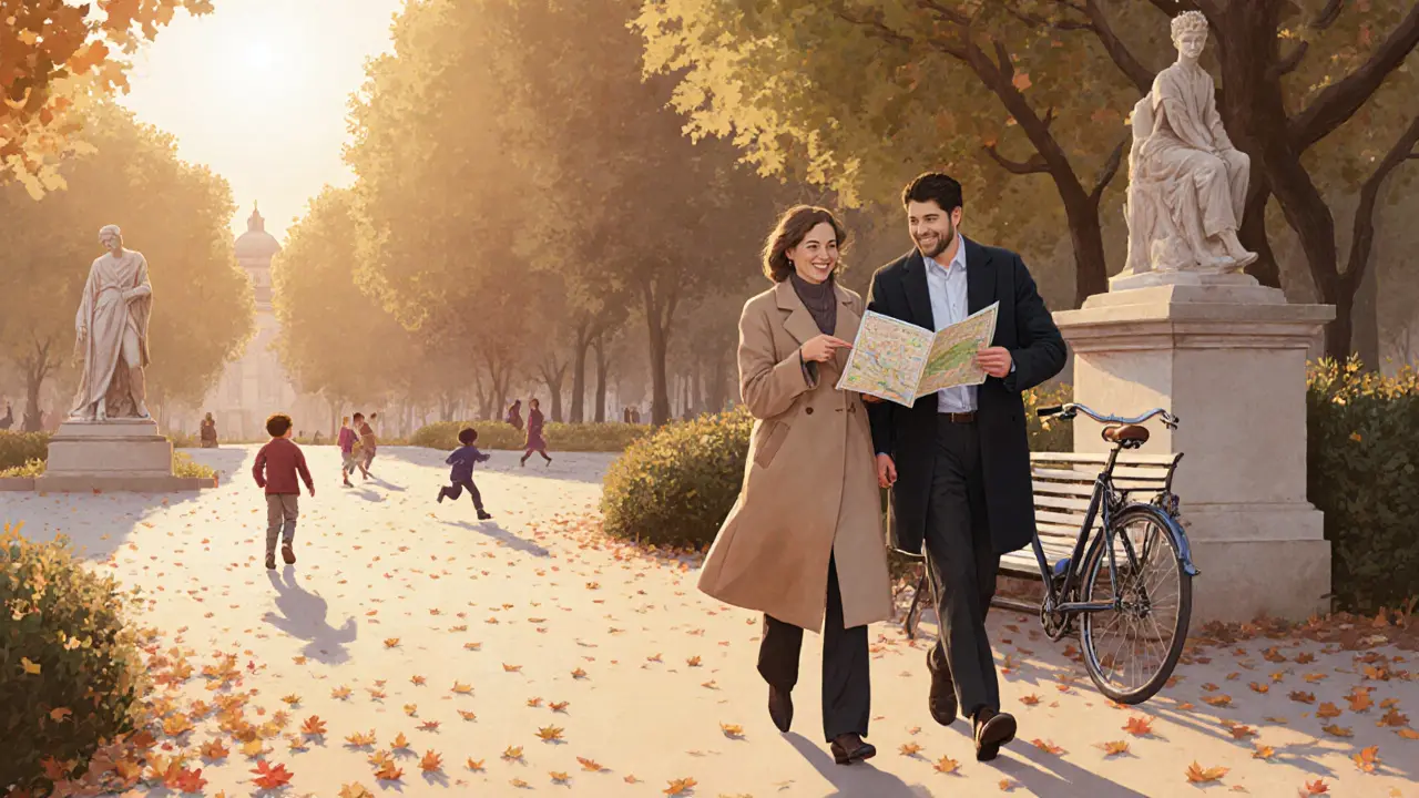 A woman and man walking together through Luxembourg Gardens, holding a museum map, enjoying a cultural outing at golden hour.