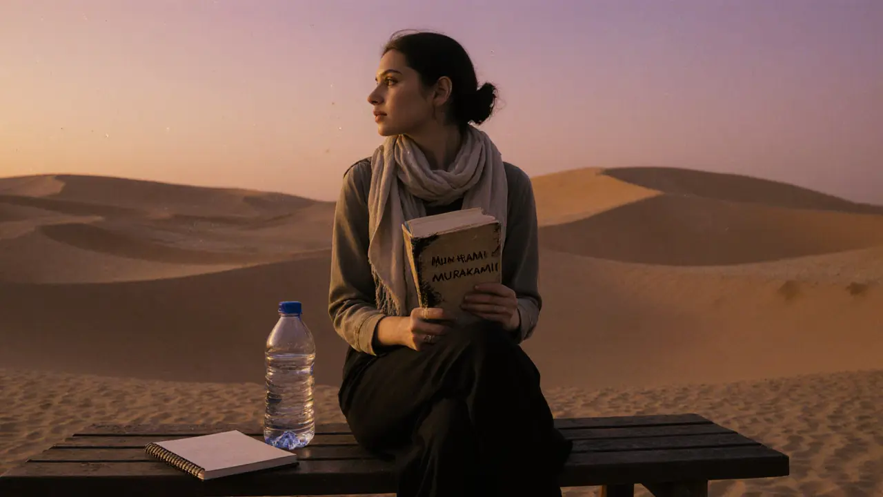 A woman sitting on a desert bench at sunset, reading a book with dunes stretching behind her.