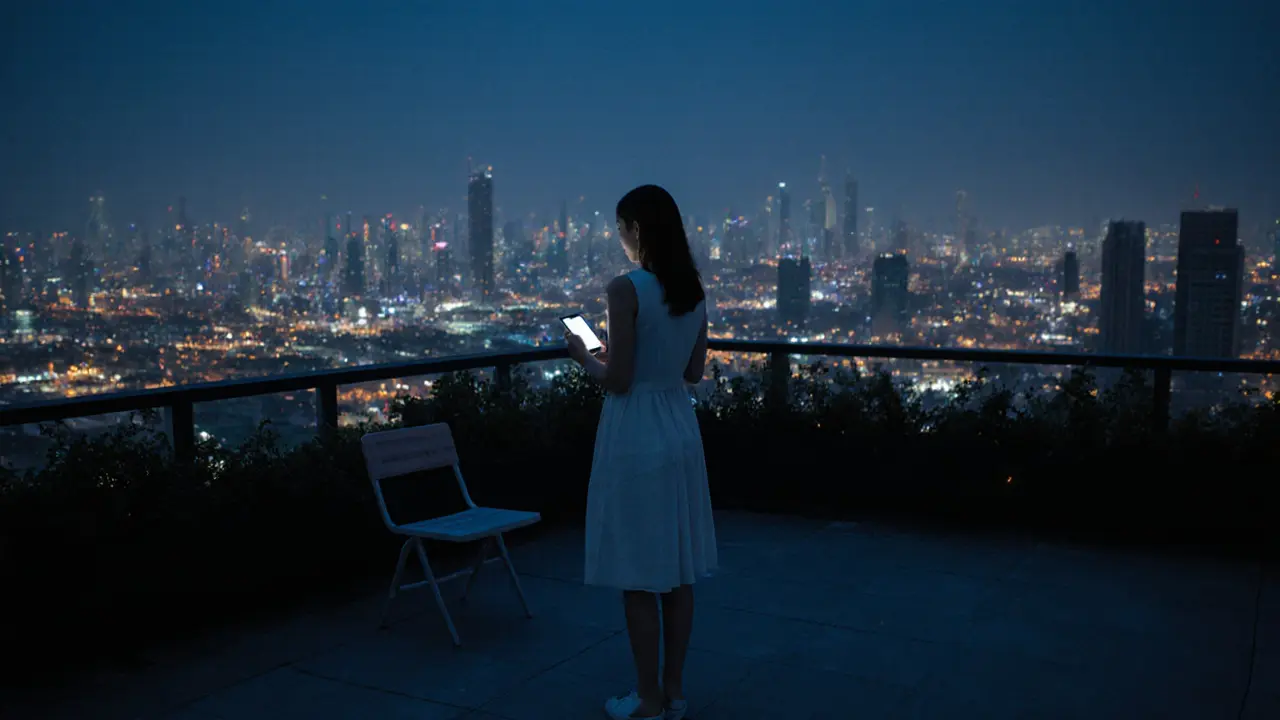 A woman stands alone on a rooftop at night, city lights glowing behind her, phone in hand with a thank-you message.