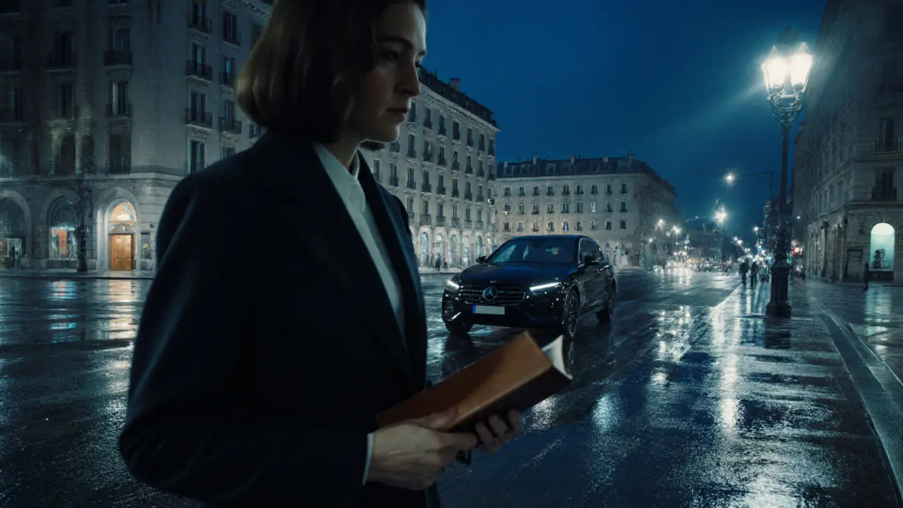 A woman waiting discreetly under a streetlamp near a luxury hotel in Milan.
