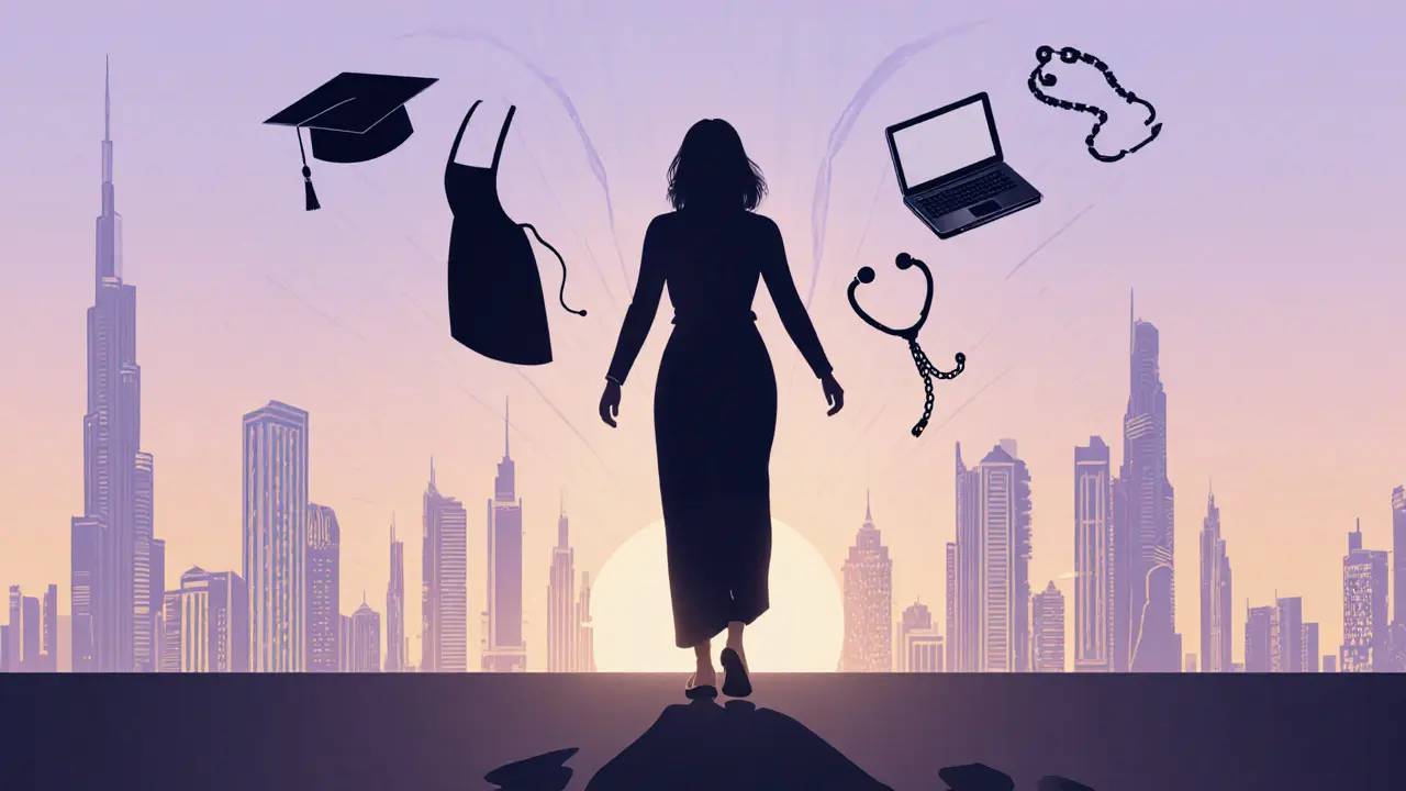 A woman walks away from Dubai’s skyline, her shadow transforming into symbols of her hopes and survival.