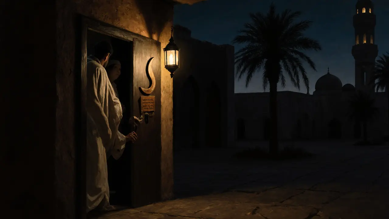 A wooden crescent moon plaque on a secluded door in a dark alley at night.