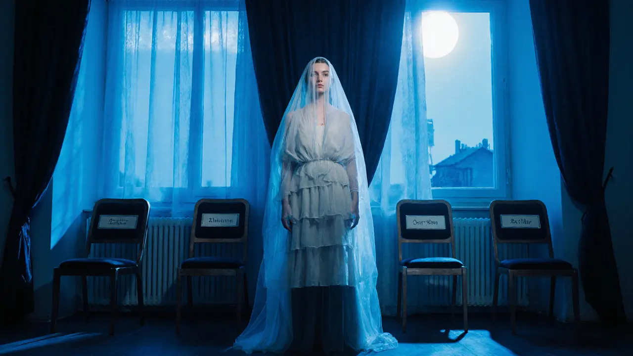 An artist stands in layered historical costumes, surrounded by empty chairs in a quiet apartment space.