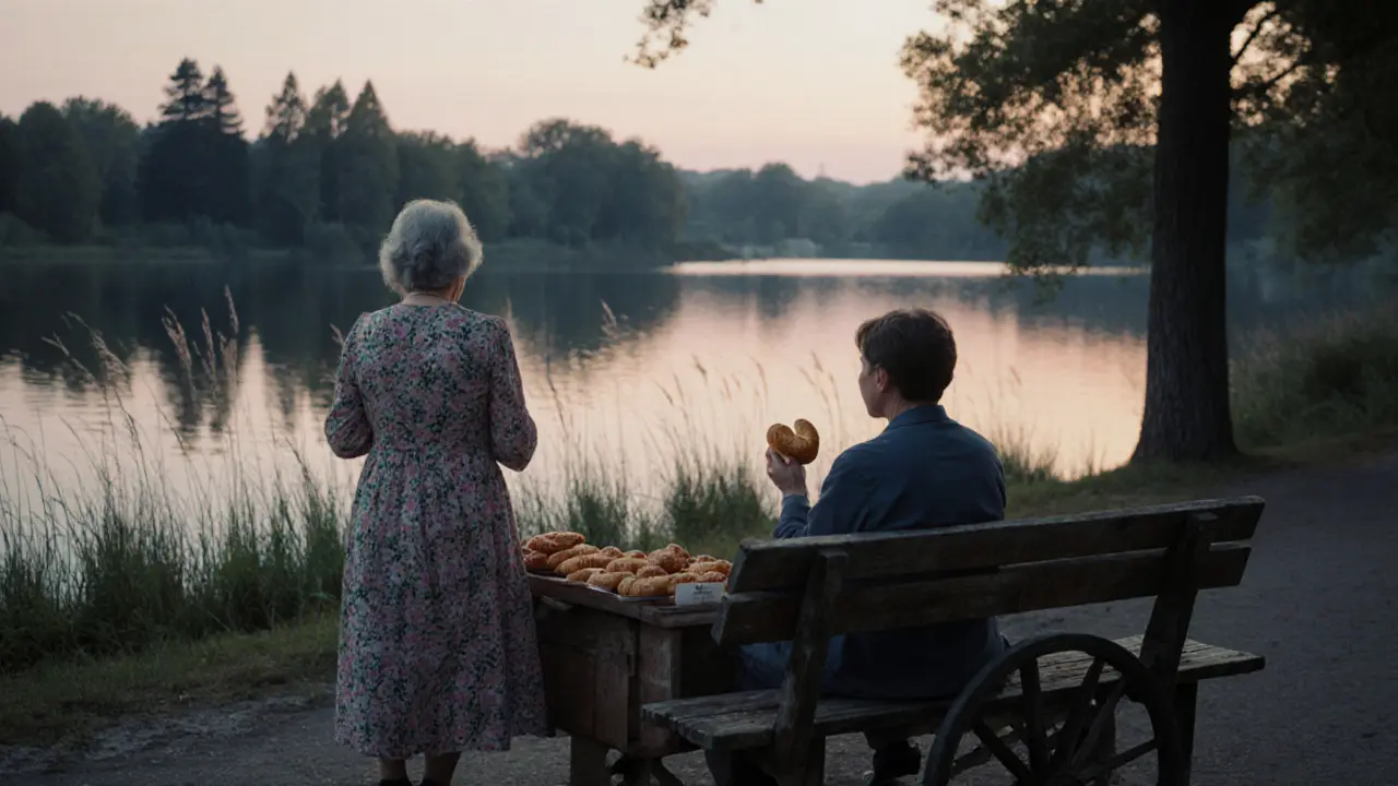 An elderly woman selling pastries by a still lake at dusk, with a lone visitor sitting on a wooden bench.