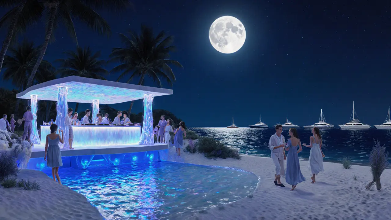 Blue Bay beach club under moonlight with palm trees, DJ booth above the sea, and guests by the water.