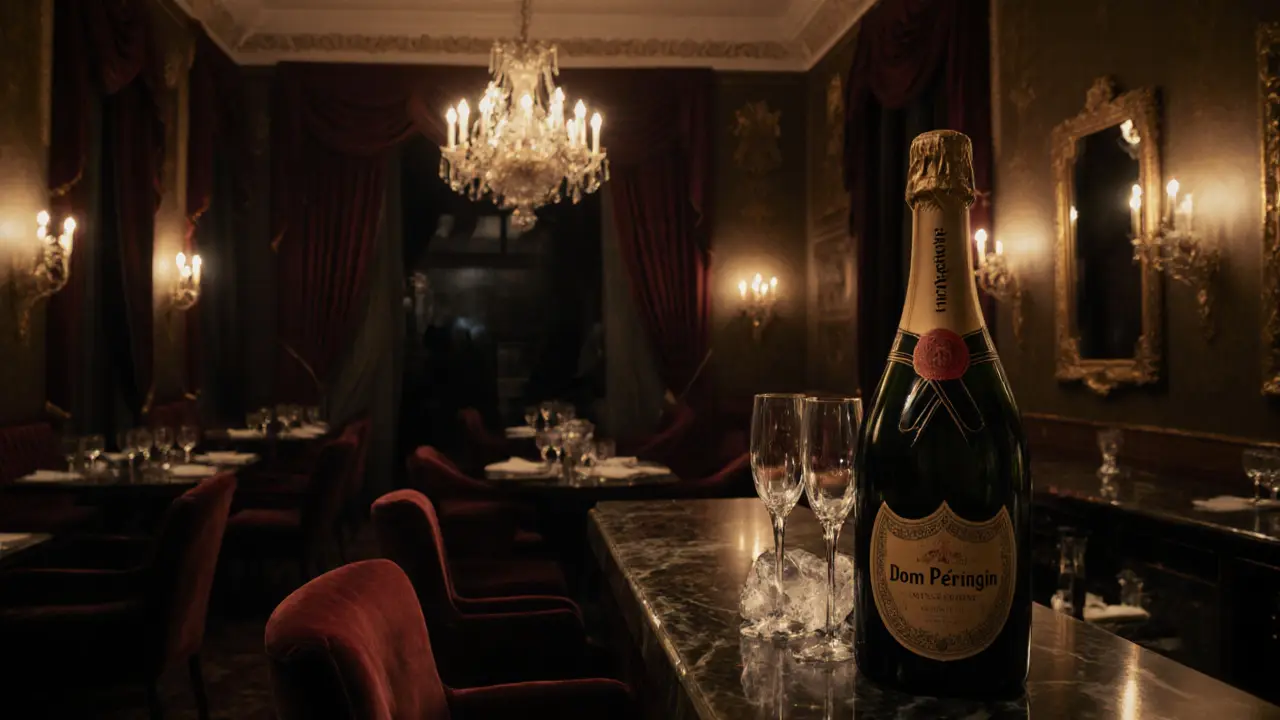 Candlelit champagne glasses and crystal flutes on a marble bar in Le Louis XV’s quiet, luxurious midnight setting.