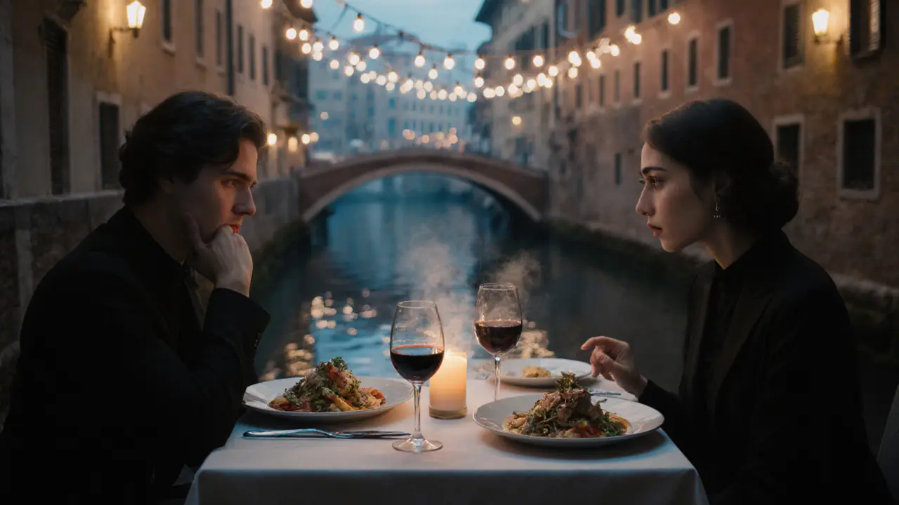 Candlelit dinner by the Navigli canal, two figures sharing a quiet meal under string lights.