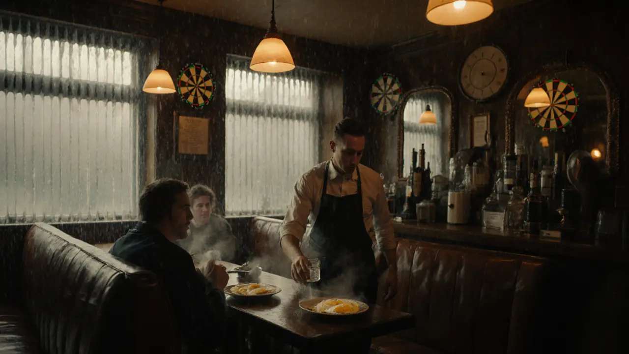 Cozy 24-hour pub at dawn with patrons eating eggs under warm vintage lighting.