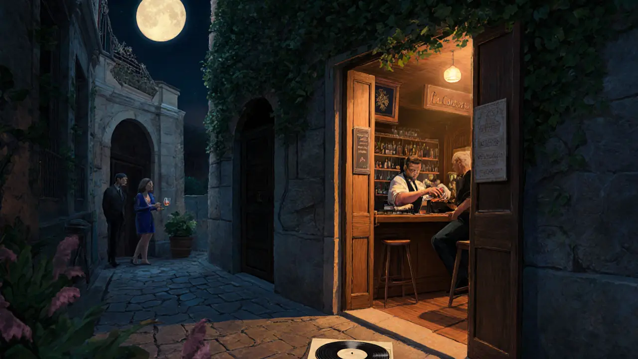 Cozy hidden jazz bar in a stone alley, warm light spilling from an unmarked door in Monaco.