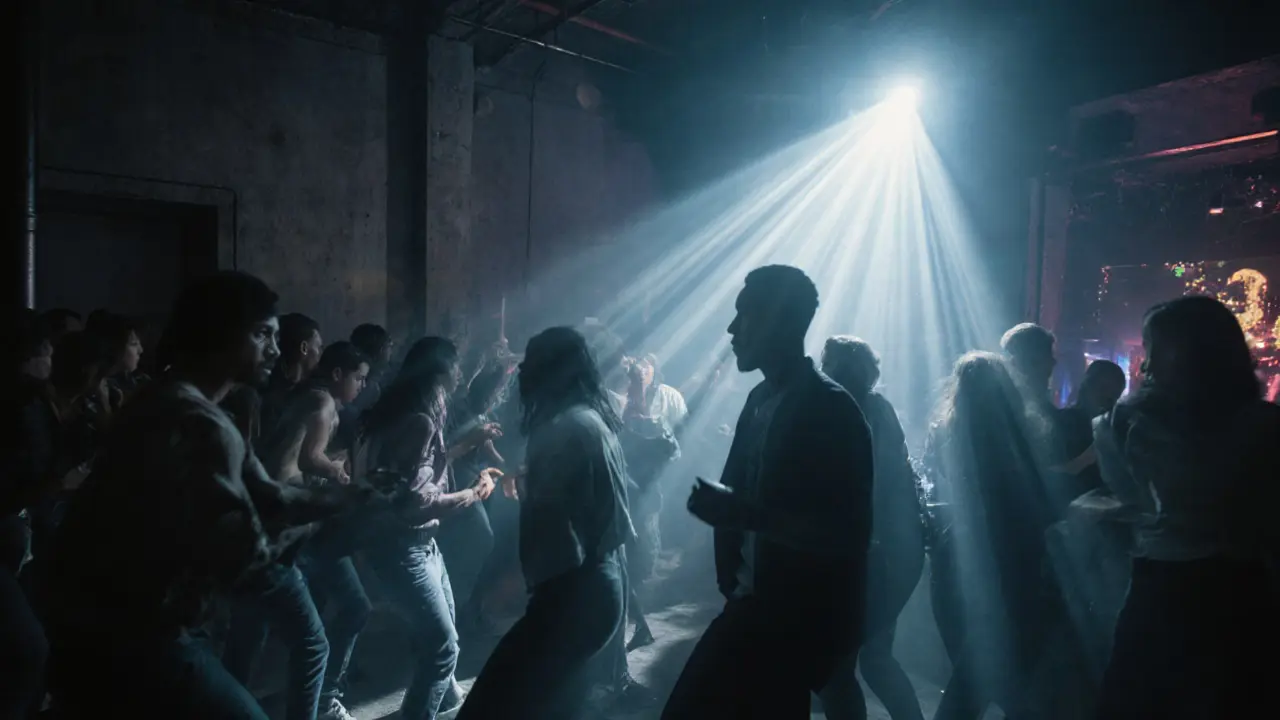 Crowd dancing in a dark, industrial nightclub with dynamic light beams and immersive sound.
