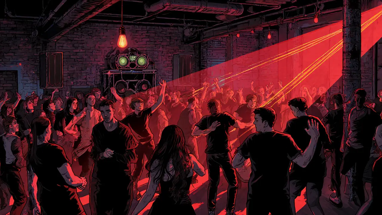 Crowd dancing in a dark warehouse club under pulsing red lights and laser beams, dressed in all black.