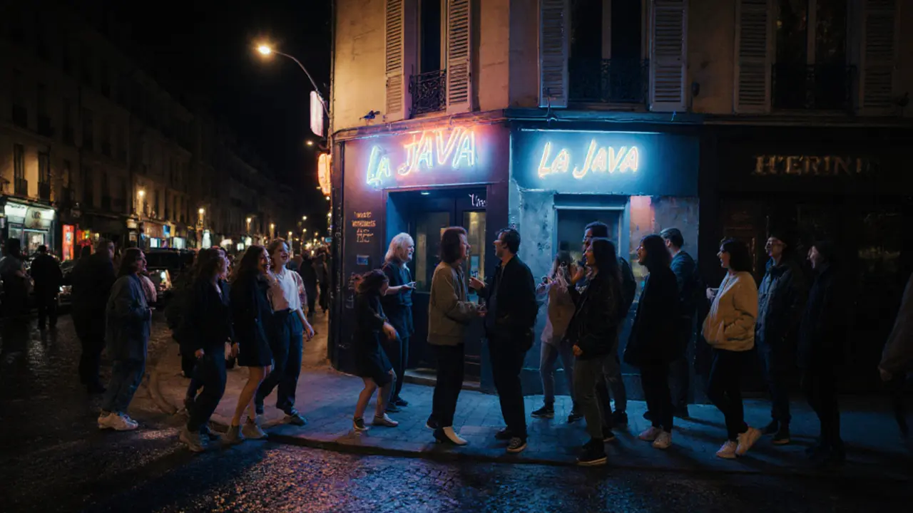 Diverse crowd entering a historic Paris nightclub with a faint neon sign at night.
