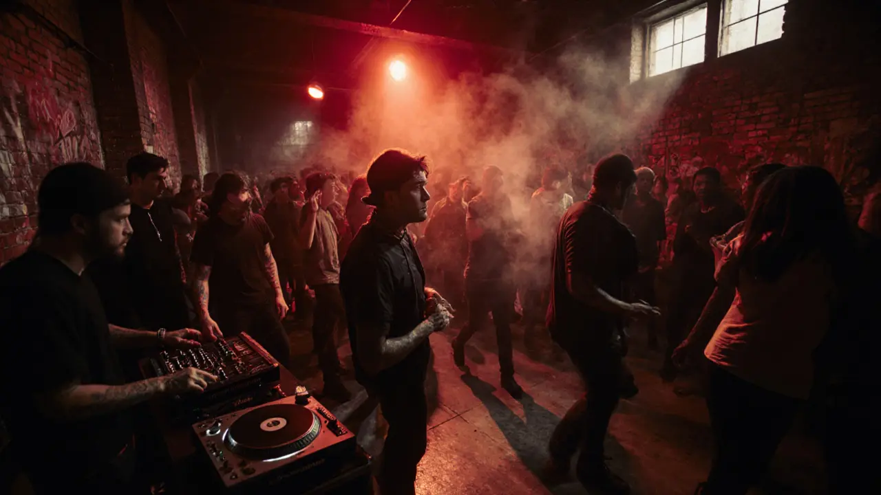 Gritty underground club with industrial vibe, crowd dancing to post-punk music in dim red light.