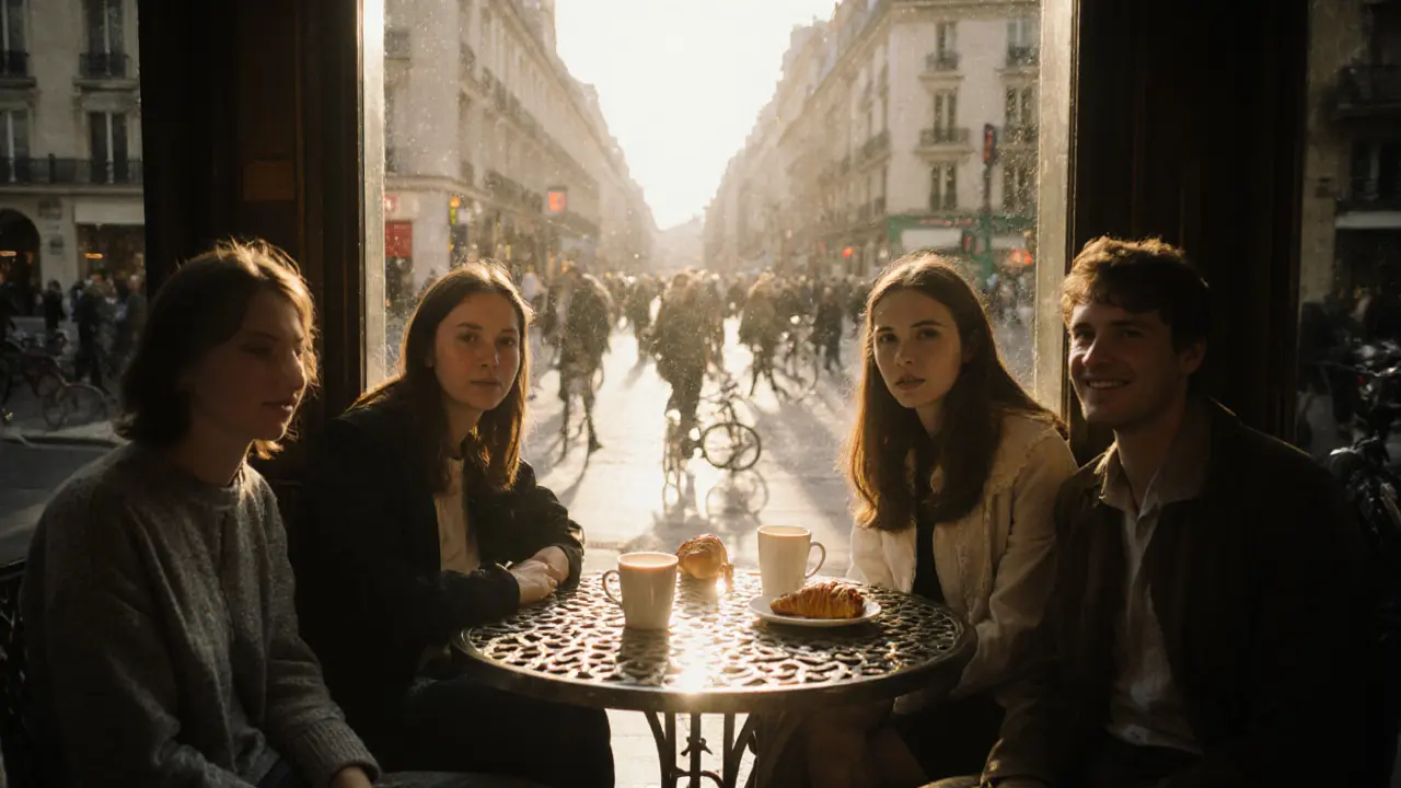 Group relaxing at a historic Parisian café at sunrise with coffee and croissants.