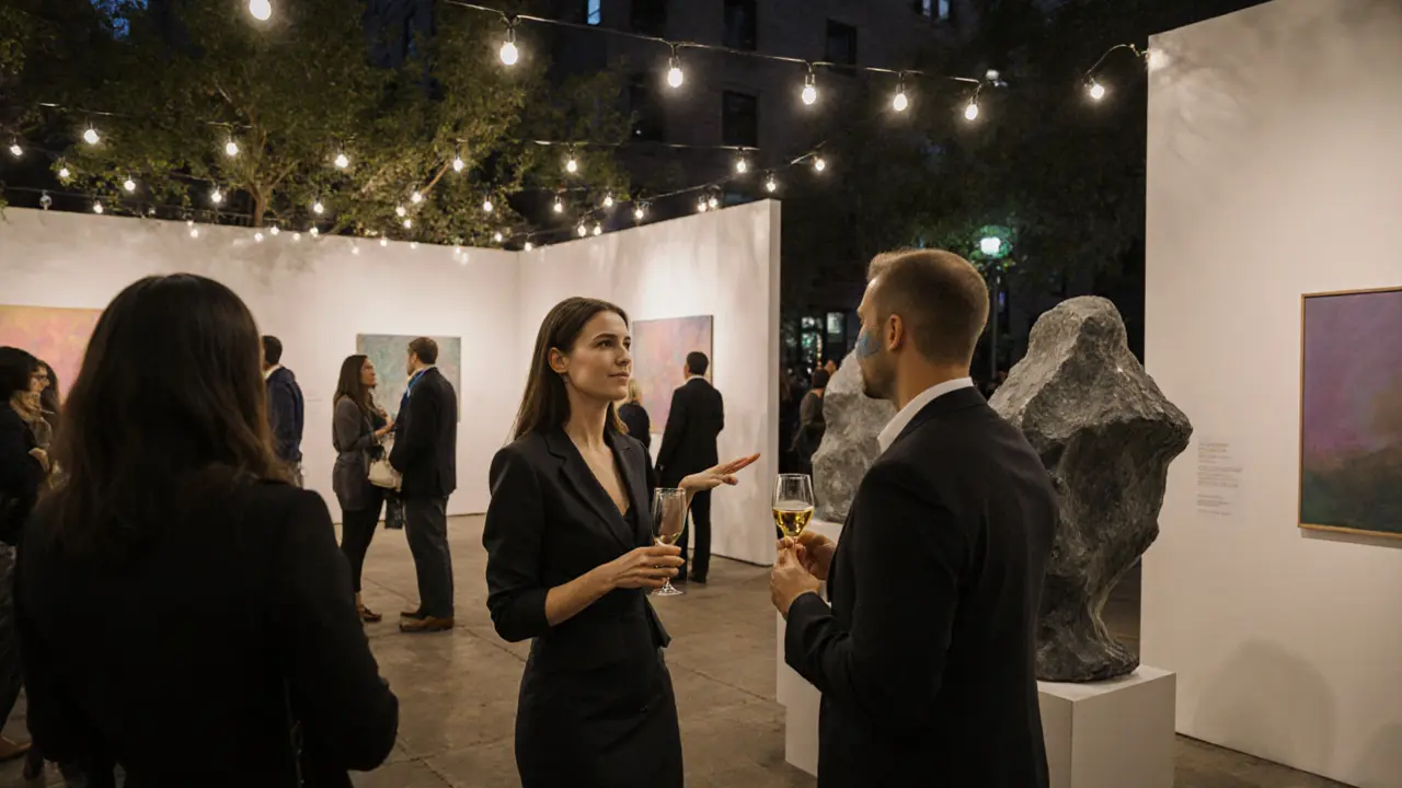 Guests mingling at an outdoor Chelsea art gallery under string lights.