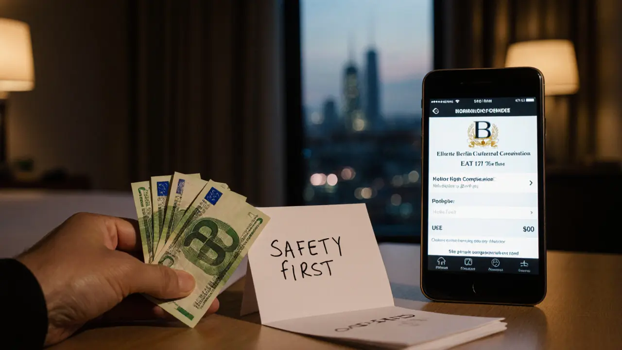 Hand placing cash on a hotel nightstand beside a booking confirmation from a reputable Berlin agency.