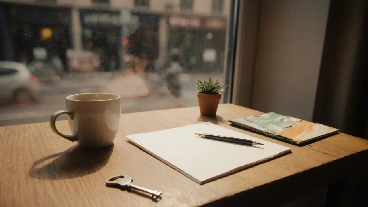 Handwritten note, painting, coffee cup, and bike key on wooden table, soft focus street outside.