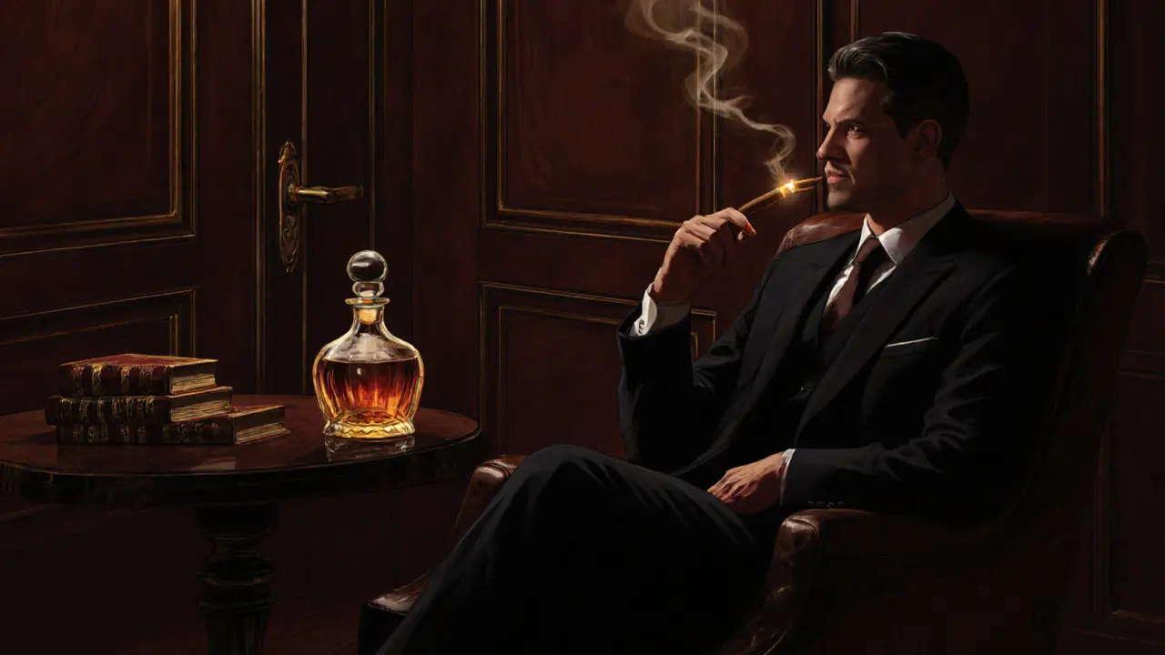 Hidden cigar lounge with a man in a suit holding a cigar, dim gilded room, no faces visible.