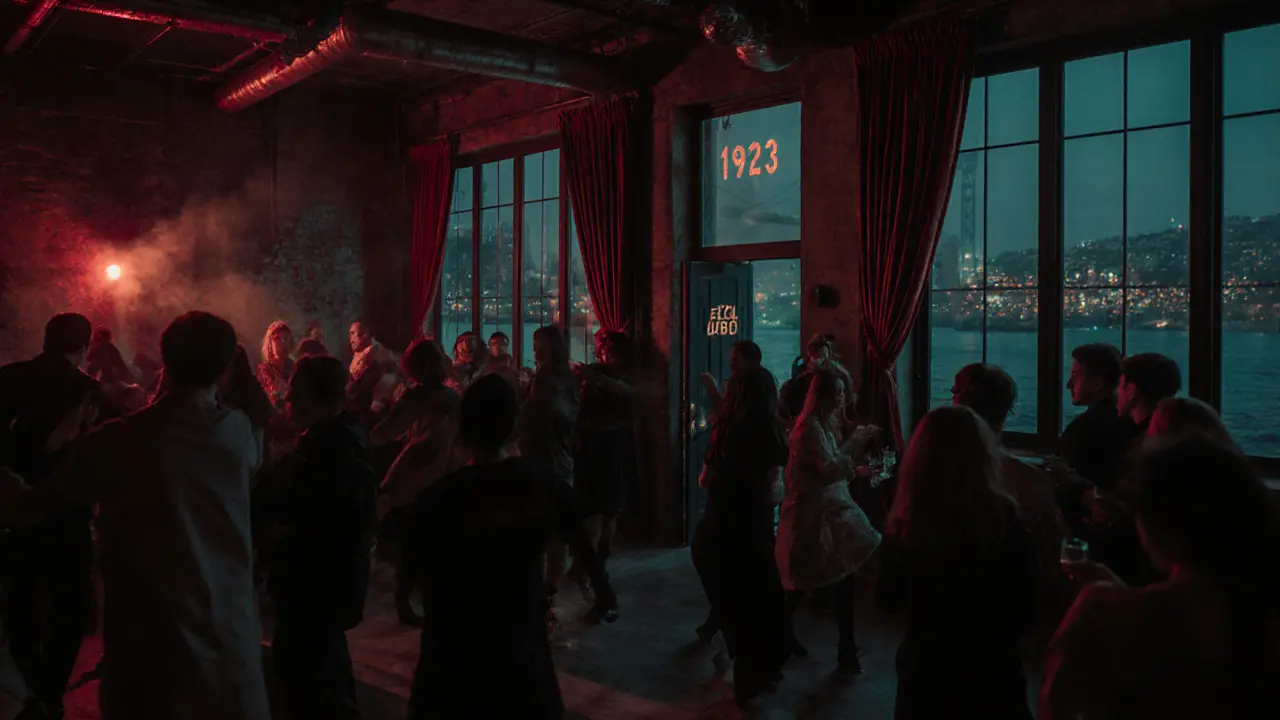 Industrial nightclub with velvet curtains and a DJ under colored lights, crowd dancing with Bosphorus view through windows.