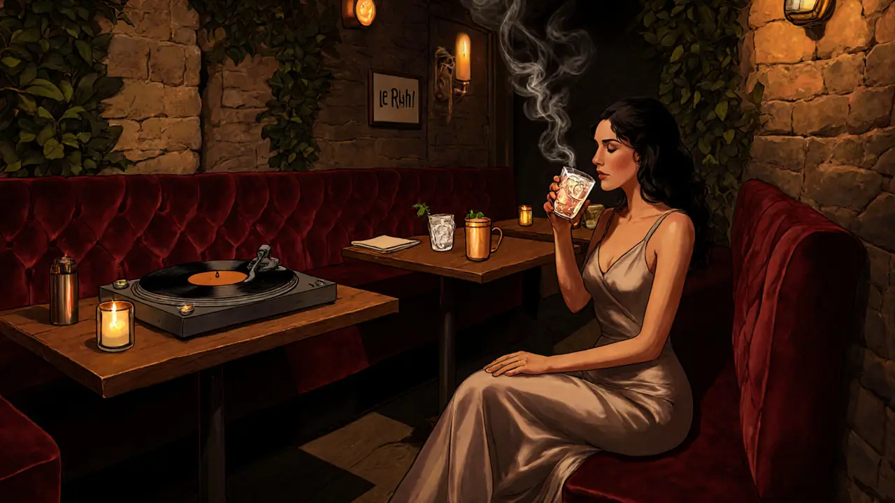 Intimate Le Ruhl lounge with velvet booths, low lighting, and someone sipping a specialty cocktail.